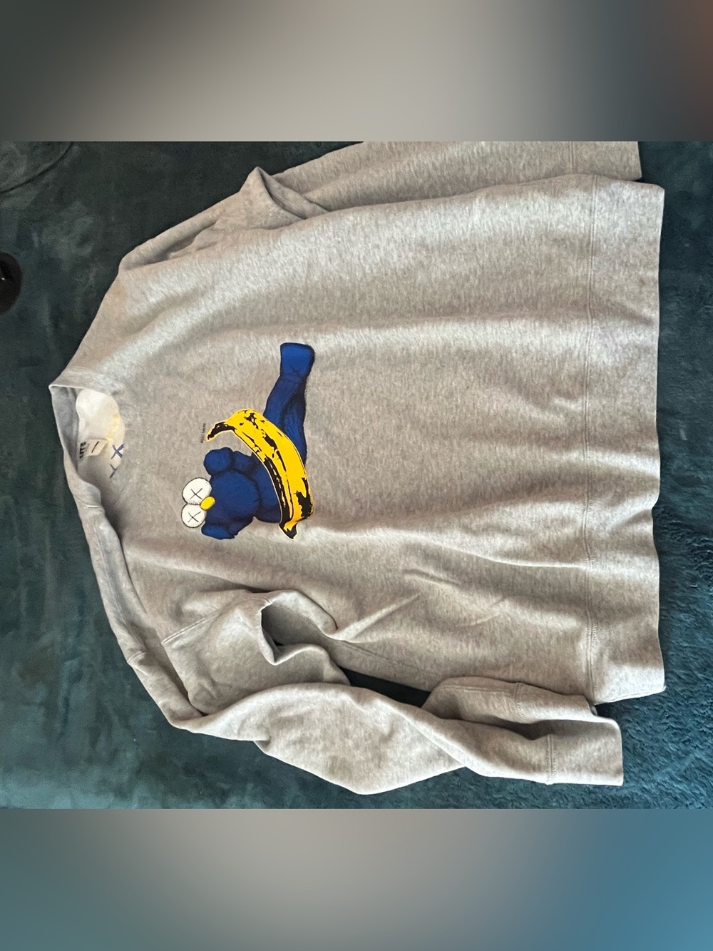 Uniqlo x KAWS Gray Crewneck with Blue Character & Yellow Banana Graphic